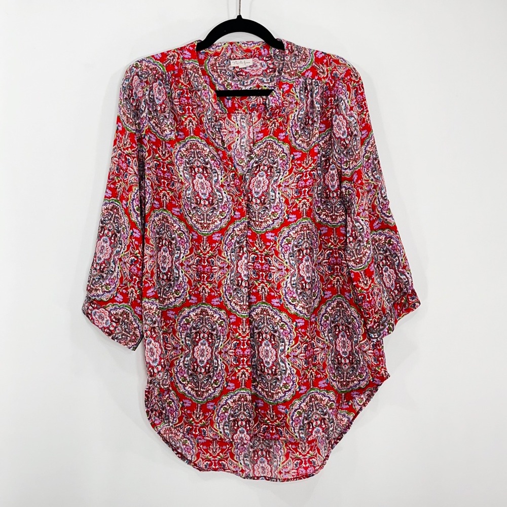 Antilia Femme Red Paisley V-Neck 3/4 Sleeve Blouse Large Boho Medallion Top